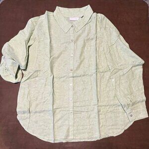 Susan Graver Linen Blend Collared LS w/ Rollup Button, Lt Green, Size LP